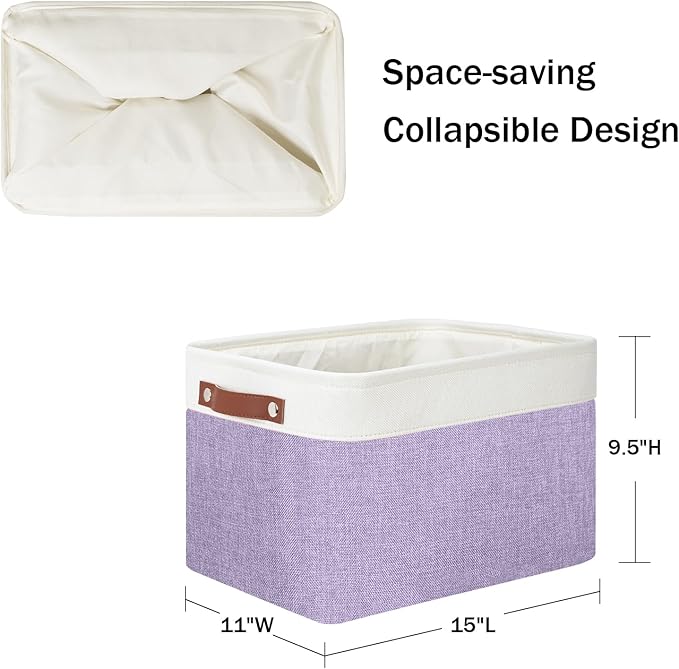 DULLEMELO Storage Baskets for Organizing, Shelves,Bedroom, Decorative Storage Bins with Leather Handles, Fabric Storage Basket for Office, Toys(3-Pack, White&Purple)