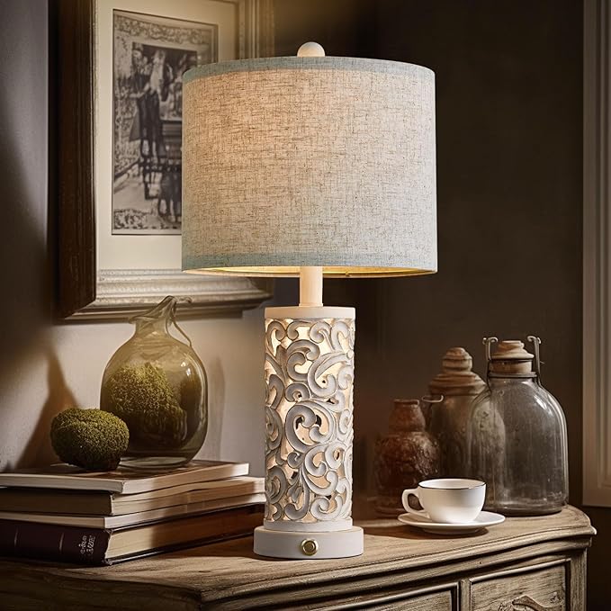 OYEARS 3-Way Dimmable 22'' Table Lamp Set of 2 for Living Room Bedroom Farmhouse Vintage Retro Bedside Lamps Touch Control with USB Ports Linen Shade for Home Office (Wash White, Bulb Included)