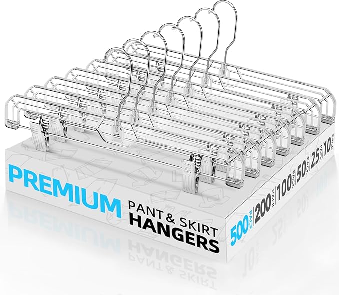 HOUSE DAY Bulk Clear Pants Hangers with Clips 500 Pack, Non-Slip Plastic Skirt Hanger with 2 Adjustable Clips, Slim Clip Hangers for Pants, Skirts, Shorts, 14" Clear Hanger, 360-Rotating Swivel Hook