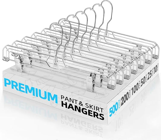 HOUSE DAY Bulk Clear Pants Hangers with Clips 500 Pack, Non-Slip Plastic Skirt Hanger with 2 Adjustable Clips, Slim Clip Hangers for Pants, Skirts, Shorts, 14" Clear Hanger, 360-Rotating Swivel Hook