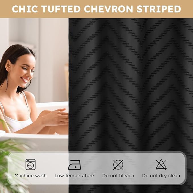 No Hook Shower Curtain and Liner Set, Black Snap in Shower Curtain Ringless Chevron Tufted Cloth Waterproof Washable Fabric Bath Curtain with See Through Top Window for Bathroom Hotel 71" x 74"
