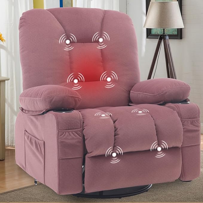 Recliner Chairs for Adults, Pink Rocker Recliners with Massage and Heat, Overstuffed Fabric Swivel Glider with Cup Holder Side Pocket, Manual Reclining Single Sofa Chair for Living Room