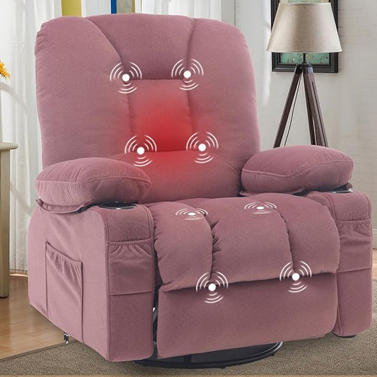 Recliner Chairs for Adults, Pink Rocker Recliners with Massage and Heat, Overstuffed Fabric Swivel Glider with Cup Holder Side Pocket, Manual Reclining Single Sofa Chair for Living Room