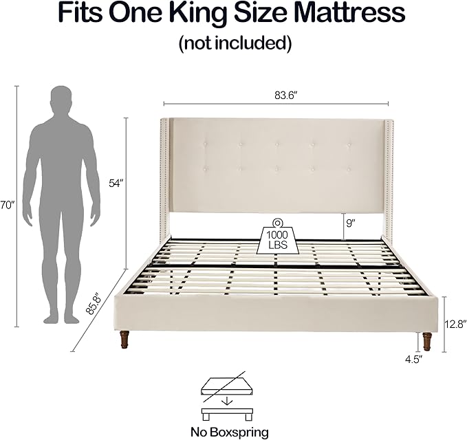 GDFStudio Tall Headboard Upholstered Bed,King Size Platform Bed Frame with Headboard Nailhead Trim Wingback,54" High No Box Spring Needed Easy Assembly Traditional Hand Buttoned Tufting Ivory Velvet