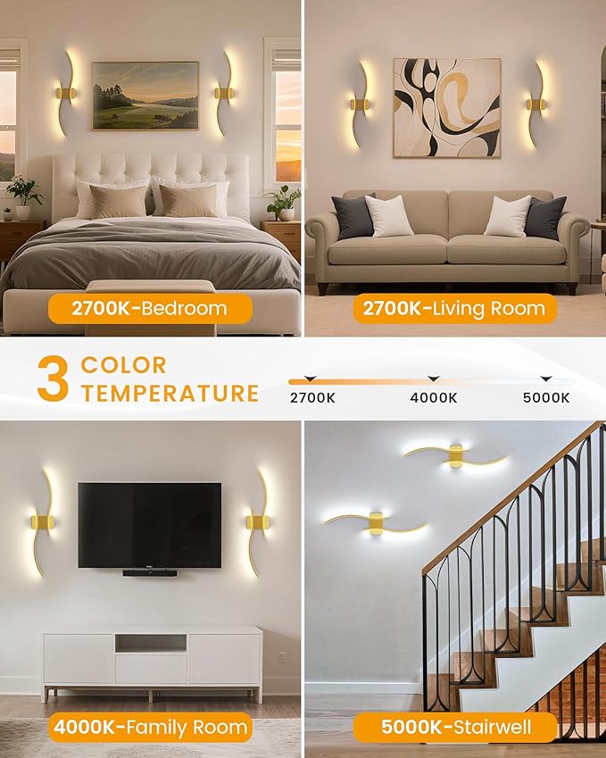 NIORSUN 27.6 Inch Battery Operated Wall Sconce Set of 2, Gold Modern Rechargeable Wall Lights with Remote, 3CCT Dimmable Wireless Wall Lamp for Living Room Bedroom Hallway