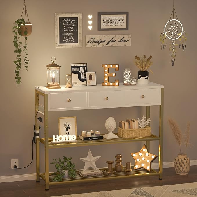 Ecoprsio 47'' Entryway Table with Outlets and USB Ports, Console Table with 3 Drawers, Sofa Table Narrow Long with Storage Shelves for Living Room, Couch, Hallway, Foyer, White and Golden