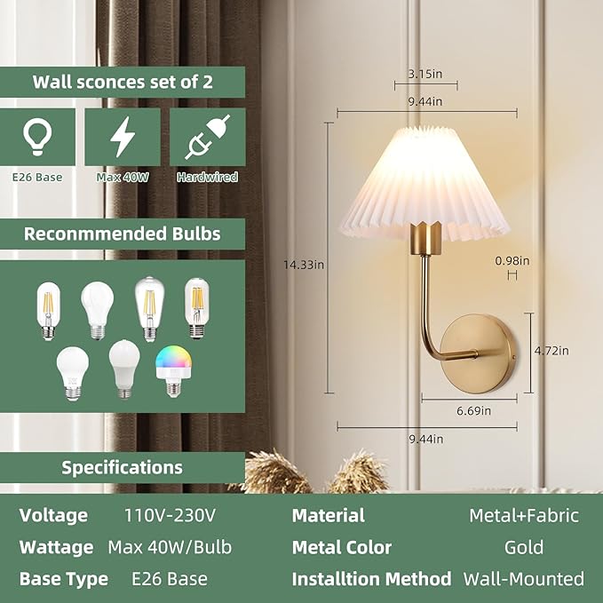 Wall Sconces Sets of 2, White Pleated Fabric lampshade, Brushed Gold Wall Lamp Curved Wall Lighting Bathroom Dresser Hardwired sconces wall decor Fixture Applicable to Living Room Bedroom Dining Room