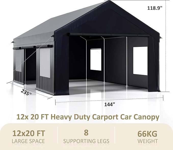 Carport 12' x 20' Heavy Duty Portable Garage, Carport Canopy with Side-Opening Door & Roll-Up Windows, Car Canopy Reinforced Four-Hole Base for Car, Truck, Boat, Party, Black