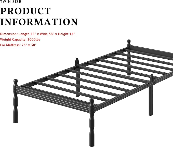 ZIYOO Twin Size Bed Frame with Mattress Slide Stopper, 14 Inches Heavy Duty Sturdy Platform with Vintage Style, Anti-Slip Design, Easy Assembly, No Box Spring Needed