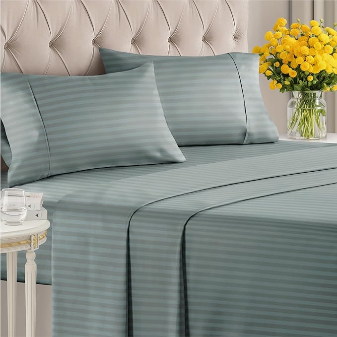 Striped Sheets - Green Striped Sheets - 1 Flat & 1 Fitted & 2 Pillowcases w/ Deep Pockets – Comfy, Wrinkle & Fade Free - Soft, Breathable and Cooling – Luxury Pinstripe Bedding - Queen Size Bed Set