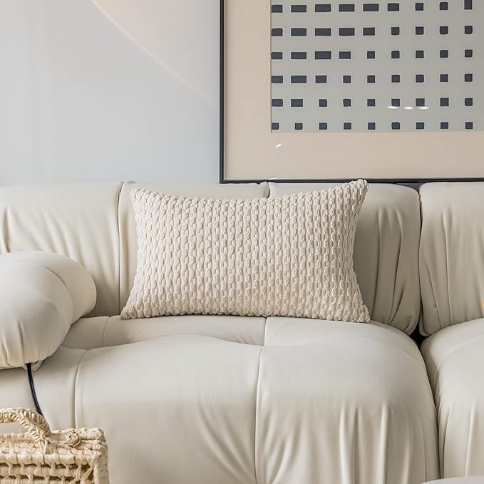 Kevin Textile Set of 2 Pillow Covers Solid Supersoft Corduroy Handmade Decorative Velvet Throw Pillow Cushion Cover for Bed 12x20 Inch Cream