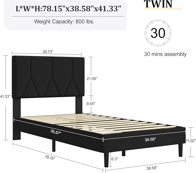 Twin Size Bed Frame, Platform Bed Frame with Velvet Upholstered Headboard, Twin Upholstered Mattress Foundation with Strong Wooden Slats, No Box Spring Needed, Noise Free, Easy Assembly
