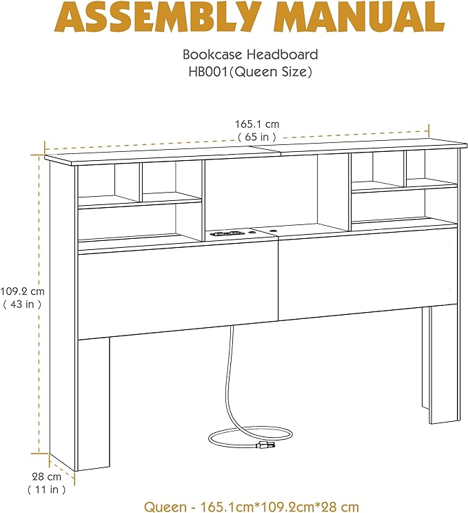 Queen/Full Headboard Only for Bedroom, Stylish Bookcase Headboard with Charging Station & 2 LED Lights, Engineered Wood Queen Size Headboard, Noise-Free HeadBoard with Storage, Black