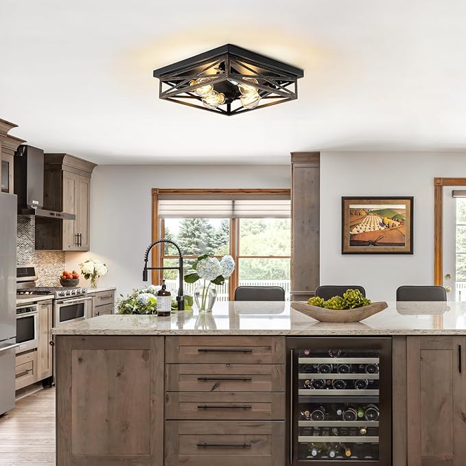 Farmhouse Rustic Ceiling Light for Kitchen, 4-Light Hallway Flush Mount Light Fixtures Ceiling Mount, Industrial Metal Cage Ceiling Light for Farmhouse,Kitchen,Hallway E26 Base (1 Pack 13in)