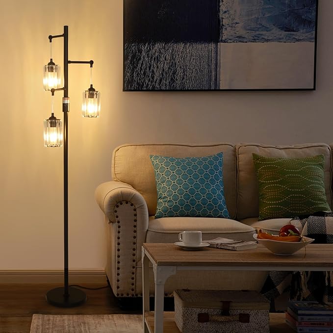 Black Modern Crystal Floor Lamp, 3 Lights Standing Lamp Dimmable, Industrial Tree Lamp with Crystal Shade, Dimmer Switch, 65" Tall Corner Floor Lamps for Living Room Bedroom Office Reading