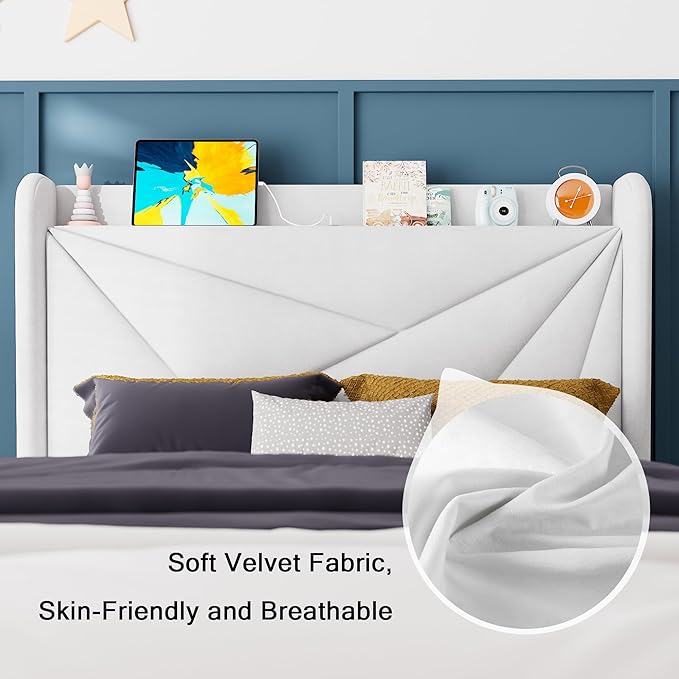 Feonase Twin Bed Frames, Upholstered Bed Frame with Charging Station, Wingback Storage Headboard, No Box Spring Needed, Noise-Free, White