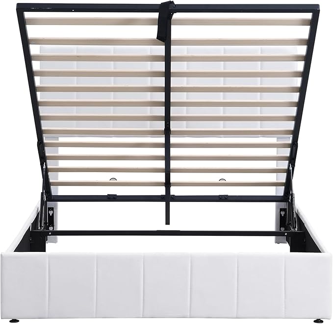 Full Size Bed Frame with Headboard, Elegant Linen Upholstered Platform Bed with a Hydraulic Storage System, Linen Fabric Backrest and Pine Wood Slats, No Box Spring Needed, White