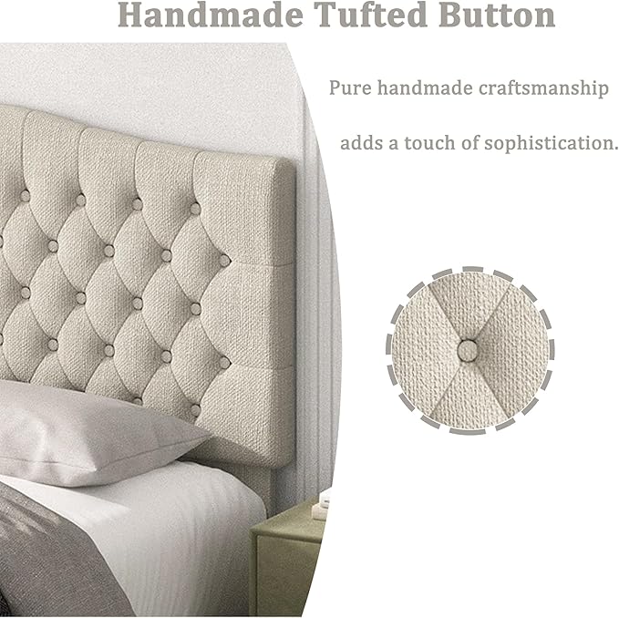 King Headboard Only, Upholstered Headboard King Size for Adjustable Bed Linen Tufted Wall Mounted Head Board with Solid Wood Legs, Ivory