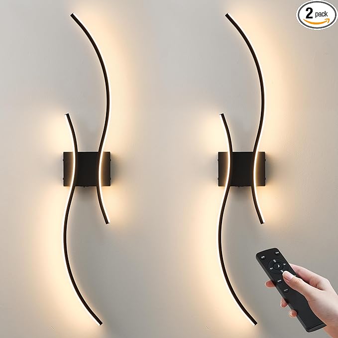 Battery Operated Wall Sconces Set of Two with Remote Control, Stepless Colors 3000K-6000K & Dimming, LED Black Wireless Wall Light for Living Room, Hallway, Bedroom, 39.3 Inch (2 Pack)