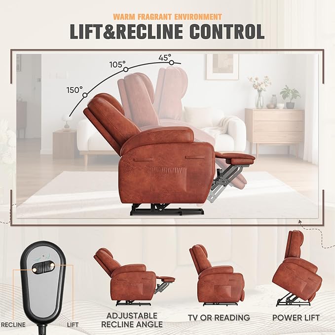 Flamaker Power Lift Chair with Vibration Massage Luxurious Leathaire Fabric Electric Lift Recliner for Elderly Power Lift Recliner Chair with Cup Holders Side Pockets for Living Room (Red Brown)