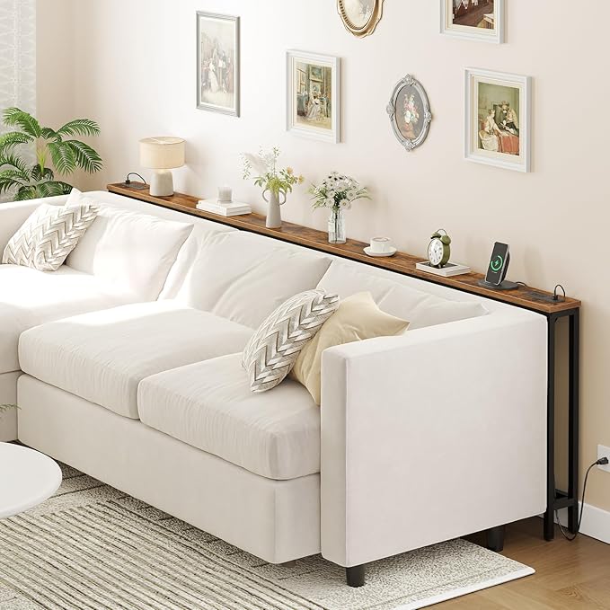 HOOBRO 55.1" Narrow Console Table with Power Outlets, 5.9" Behind Couch Table with Charging Station, Long Sofa Table, Skinny Entryway Table for Living Room, Hallway, Foyer, Rustic Brown BF145UXG01