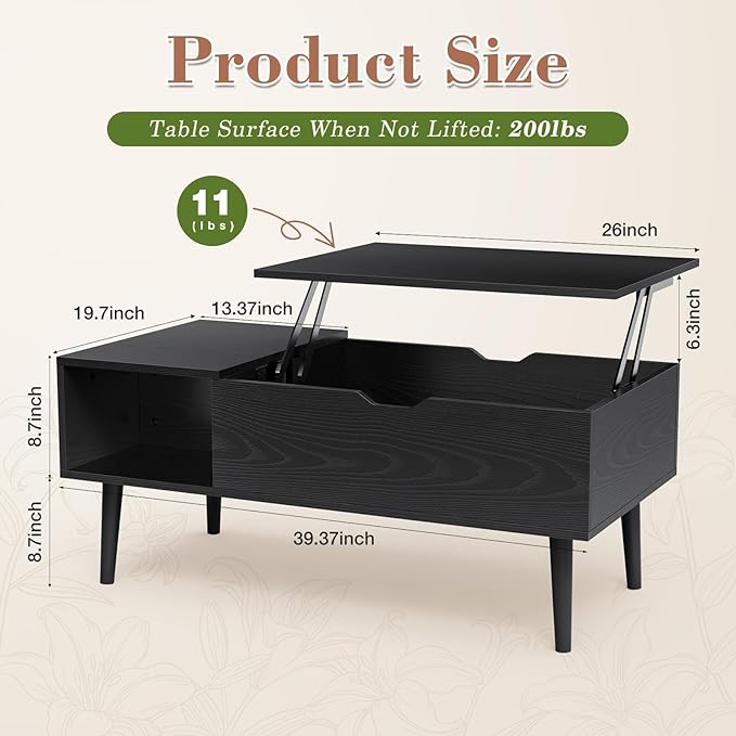 OLIXIS Wooden Coffee Table, Lift Top Coffee Table with Large Hidden Compartment and Ample Storage Shelf, Lift Tabletop Dining Table for Living Room, Home Small Space, Charcoal
