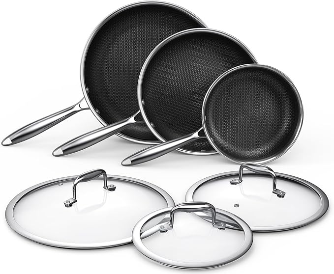 MOMOSTAR Hybrid Nonstick 6-Piece Frying Pan Set, 8, 10 and 12-Inch Cookware Sets with Tempered Glass Lids, Dishwasher & Oven Safe, Induction Ready, Compatible with All Cooktops