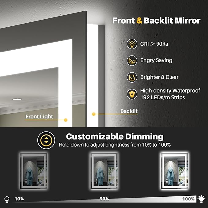 24"x30" LED Bathroom Mirror with Lights, Backlit & Front Lit, Anti-Fog Lighted Bathroom Vanity Mirror for Wall, Memory Function, Dimmable, HD Tempered Glass, Shatter-Proof