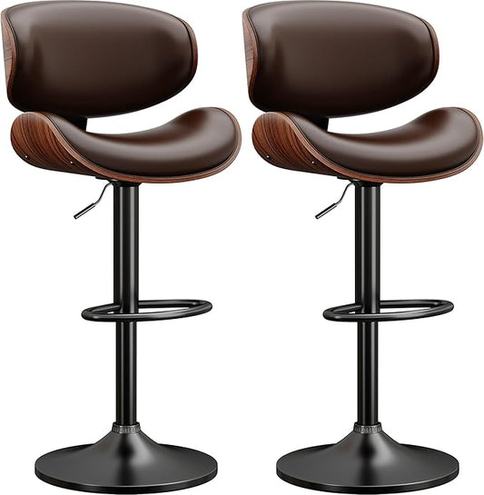 Swivel Bar Stools Set of 2, Modern PU Leather Adjustable Counter Stool, Barstool with Back and Footrest for Home Kitchen Island, Brown