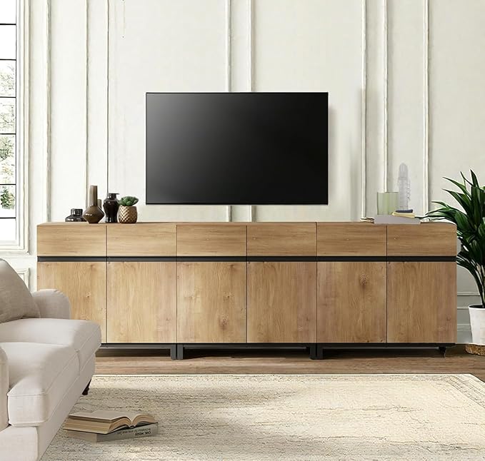 WAMPAT Modern TV Stand for TVs Up to 100 Inch, 3 in 1 Entertainment Center with Adjustable Shelves and Metal Base, Media Console for Living Room and Bedroom, Oak