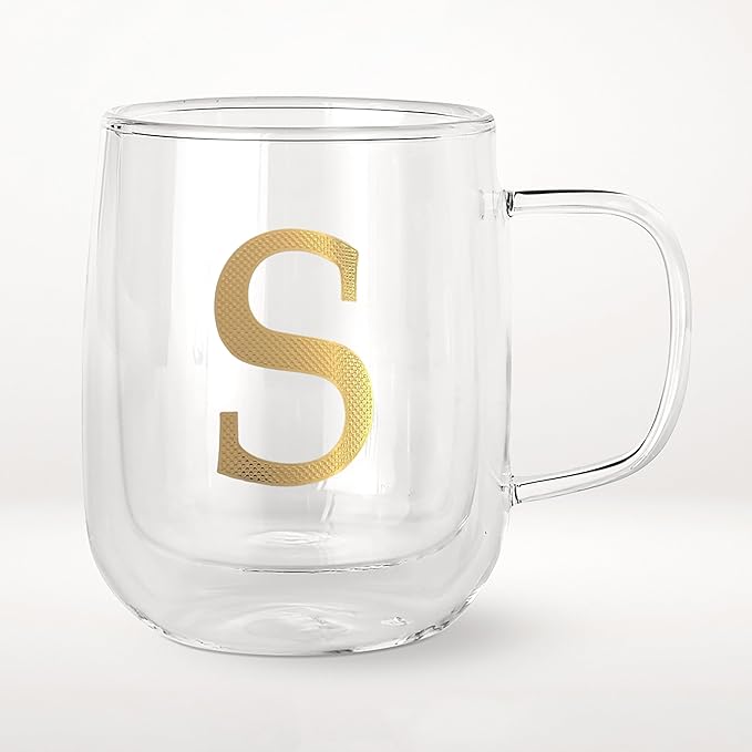 COLLECTIVE HOME - Double Walled Glass Coffee Mugs, Insulated Coffee Mug with Handle, Personalized Gifts for Women, Men, Christmas, 14 oz Monogram Cups (S)