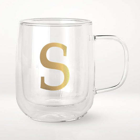 COLLECTIVE HOME - Double Walled Glass Coffee Mugs, Insulated Coffee Mug with Handle, Personalized Gifts for Women, Men, Christmas, 14 oz Monogram Cups (S)