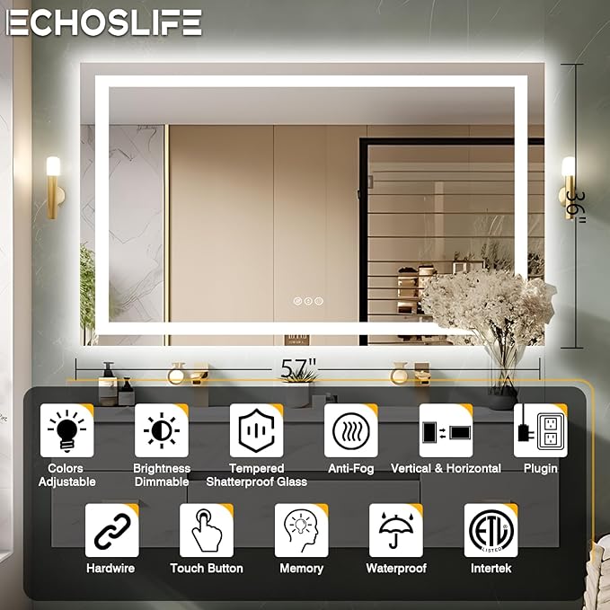 57"x36" Light Mirror for Bathroom (Front and Backlit), Anti-Fog Bathroom Vanity Mirror, Stepless Dimmable Lighted Mirror, Tempered Glass, Memory (Horizontal/Vertical)