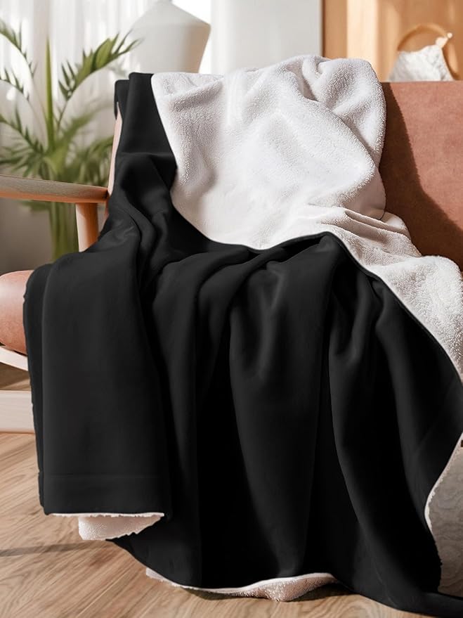 Sherpa Fleece Blanket Throw Size - Reversible Sherpa Fleece Throw Blanket - Super Soft Double Sided for Bed, Sofa, Couch - Thick, Warm, and Plush - Luxurious Bedding for Winter - Black, 50" x 60"