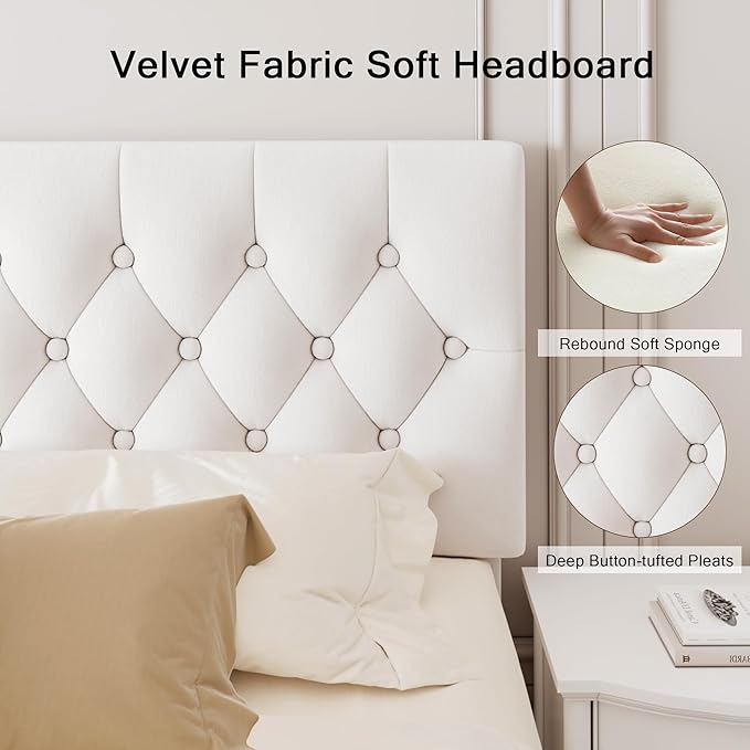 King Upholstered Bed Frame with Headboard, Button Tufted Linen Bed Base, Platform Bed with Wood Slat, Heavy Duty, Easy Assembly, No Box Spring Needed, White
