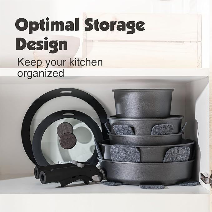 SENSARTE 24 Piece Pots and Pans Set, Nonstick Detachable Handle Cookware, Induction Kitchen Cookware Set with Removable Handle, Healthy Non Stick for RV, Dishwasher＆Oven Safe (Black)