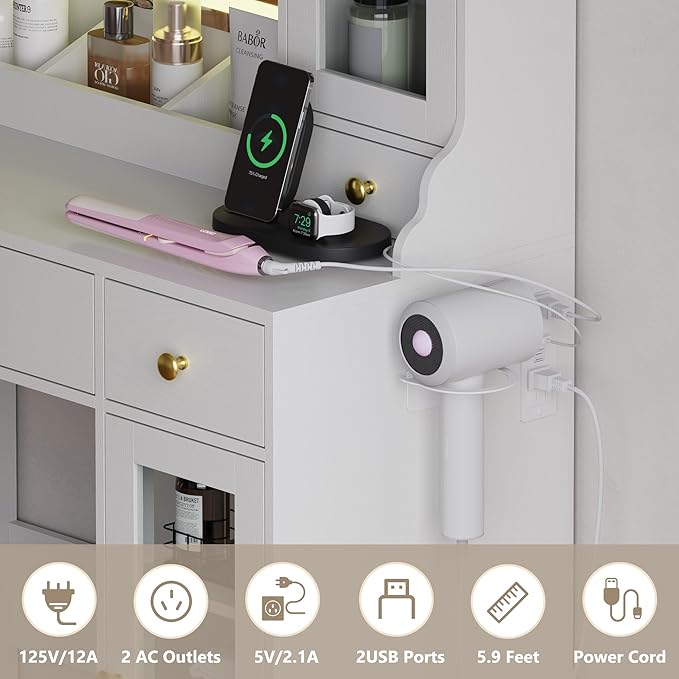 Vanity Desk with Mirror and Lights, White Makeup Vanity Table with 3 Modes & Adjustable Brightness, Glass Cabinets, Drawers, Outlet, Modern Dressing Table for Bedroom, Girls, Women, Teens