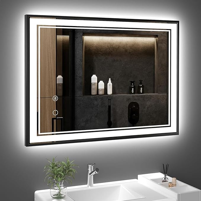 28" x 36" LED Bathroom Mirror with Lights Black Framed LED Mirror for Bathroom Lighted Bathroom Mirror Backlit and Front Black Aluminum Frame Anti-Fog Dimmable Vanity Smart Memory