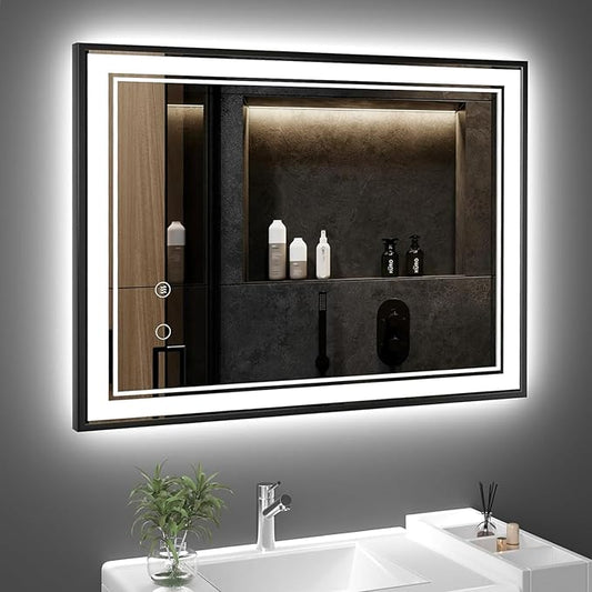 40" x 32" LED Bathroom Mirror with Lights Framed LED Mirror for Bathroom Backlit and Front Lighted Bathroom Mirror Black Square Aluminum Frame Anti-Fog Dimmable Vanity Adjustable Memory