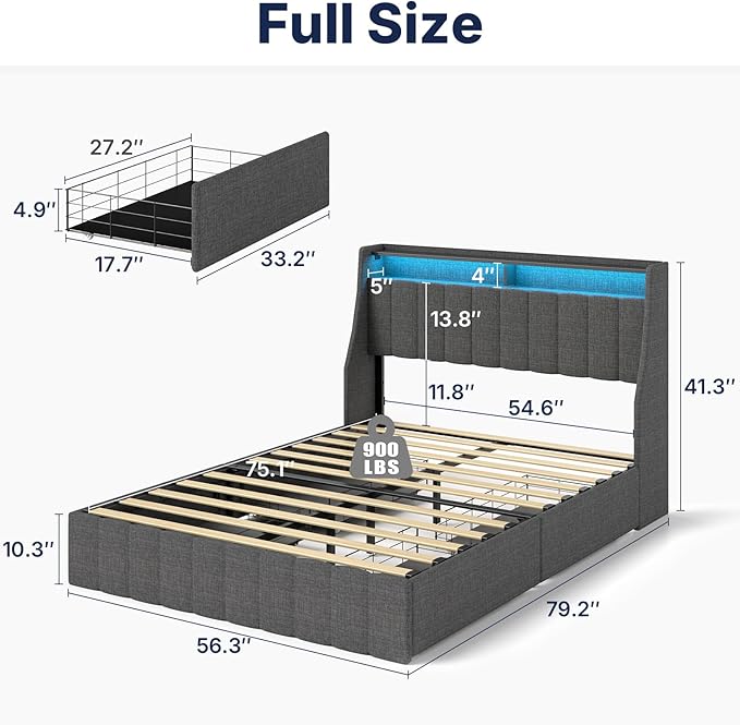 Full Size Bed Frame with 4 Storage Drawers & Adjustable LED Light, Upholstered Full Size Platform Bed Frame with Storage Wingback Headboard, Easy Assembly, Dark Grey