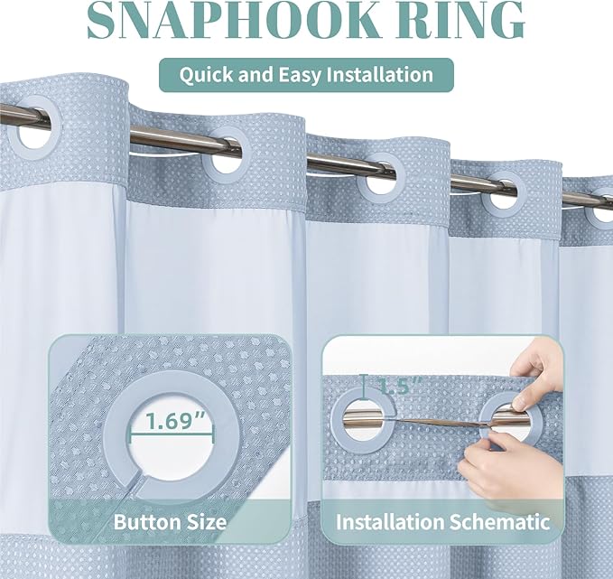 FrostBlue Extra Long No Hook Waffle Weave Shower Curtain with snap-in Liner Replacement, 230GSM Waterproof Fabric Hotel Shower Curtain Set for Bathroom, Through Mesh Top Window,71Wx86H