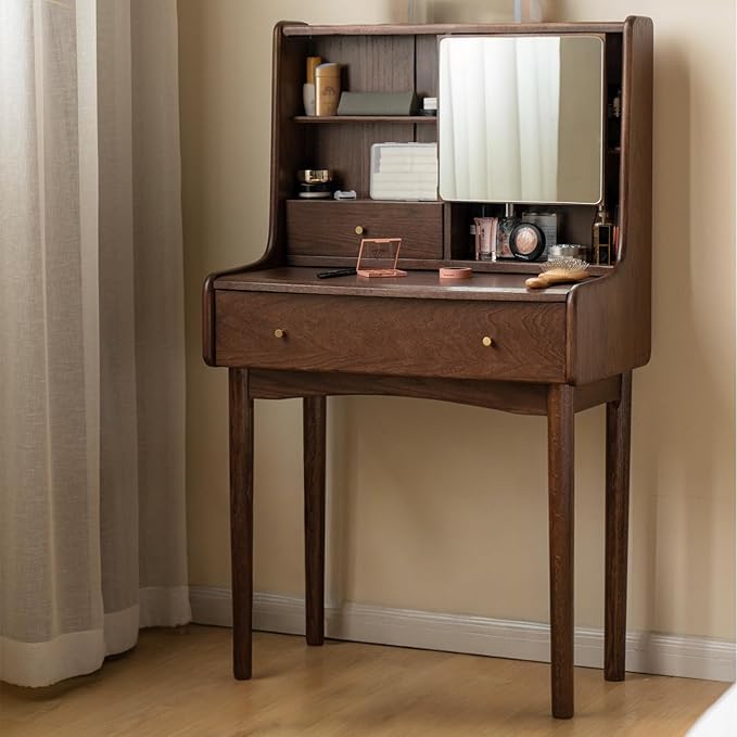 Small Vanity Desk with Mirror, Solid Wood Dressing Table, Movable Drawer Divider, Extendable Table Board for Bedroom, Walnut Color, 33" D x 16.5" W x 50" H