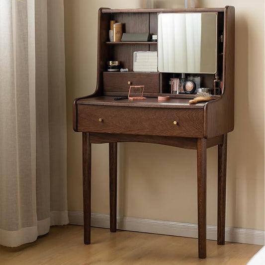 Small Vanity Desk with Mirror, Solid Wood Dressing Table, Movable Drawer Divider, Extendable Table Board for Bedroom, Walnut Color, 33" D x 16.5" W x 50" H