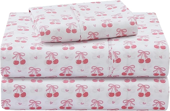 Viviland 3 Pieces Girls Pink Twin Sheet Set - Soft Microfiber Fitted Flat Sheets & Pillowcase - Pink Cherry Bow Print Bedding Sets - for Kids & Toddlers