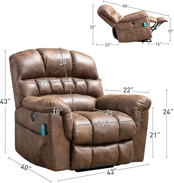 Bonzy Home Power Lift Chairs Recliner with Massage and Heating, Electric Recliner Chair with 24" Wide Seat for Big People, Full Padded Backrest, Waterproof Faux Leather, USB Charging Ports, Brown