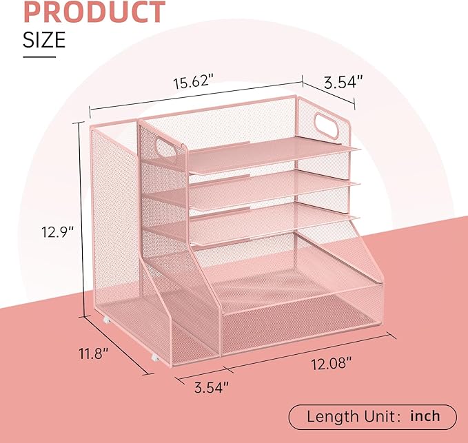 SUPEASY Desk Organizer with File Holder, 5-Tier Mesh Paper Letter Tray with Magazine Holder, Desktop Organizer and Storage for Desk Accessories Office Supplies, Pink