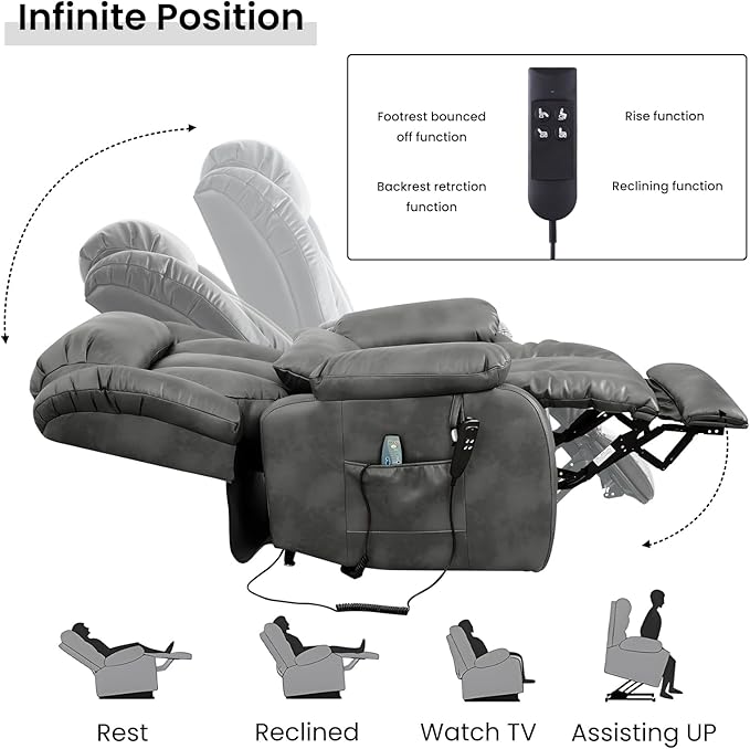 TEKAMON Power Lift Recliner Chair for Elderly with Heat & Massage, Dual Motor Breathable Leather Recliner, Lay Flat Sleeping Chairs with Infinite Position, RemoteControl(Silver Grey, Extended)