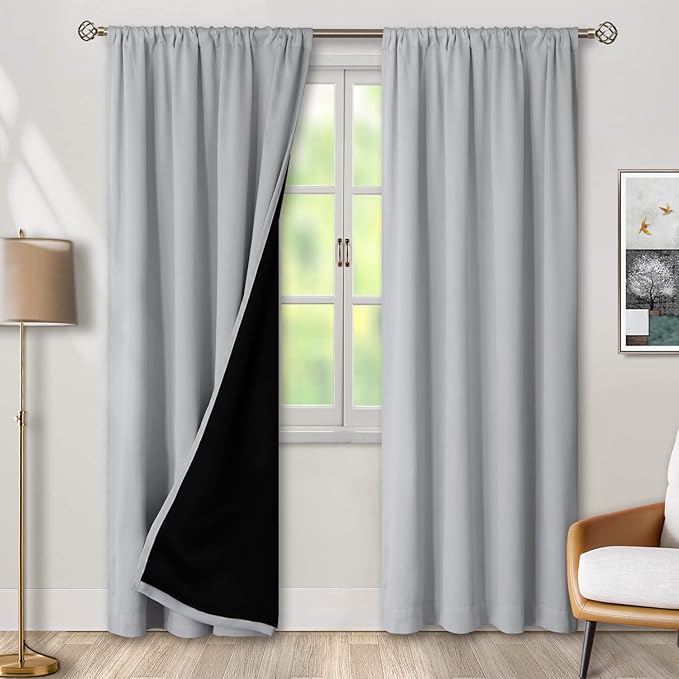 BGment Light Grey 100% Blackout Curtains 84 Inches Long with Reducing Noise Liner, Rod Pocket and Back Tab Double Layer Full Room Darkening Window Curtain for Bedroom, 2 Panels, Each 42 x 84 Inch