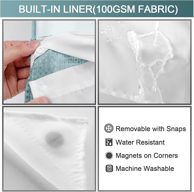 YellyHommy No Hook Shower Curtain with Snap in Liner Set Less Waffle Shower Curtain for Bathroom (Cyan, 87" L x 72" W)