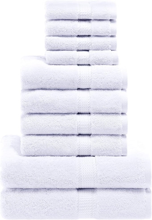 Superior Egyptian Cotton Pile 10 Piece Towel Set, Includes 2 Bath, 4 Hand, 4 Face Towels/Washcloths, Ultra Soft Luxury Towels, Thick Plush Essentials, Guest Bath, Spa, Hotel Bathroom, White